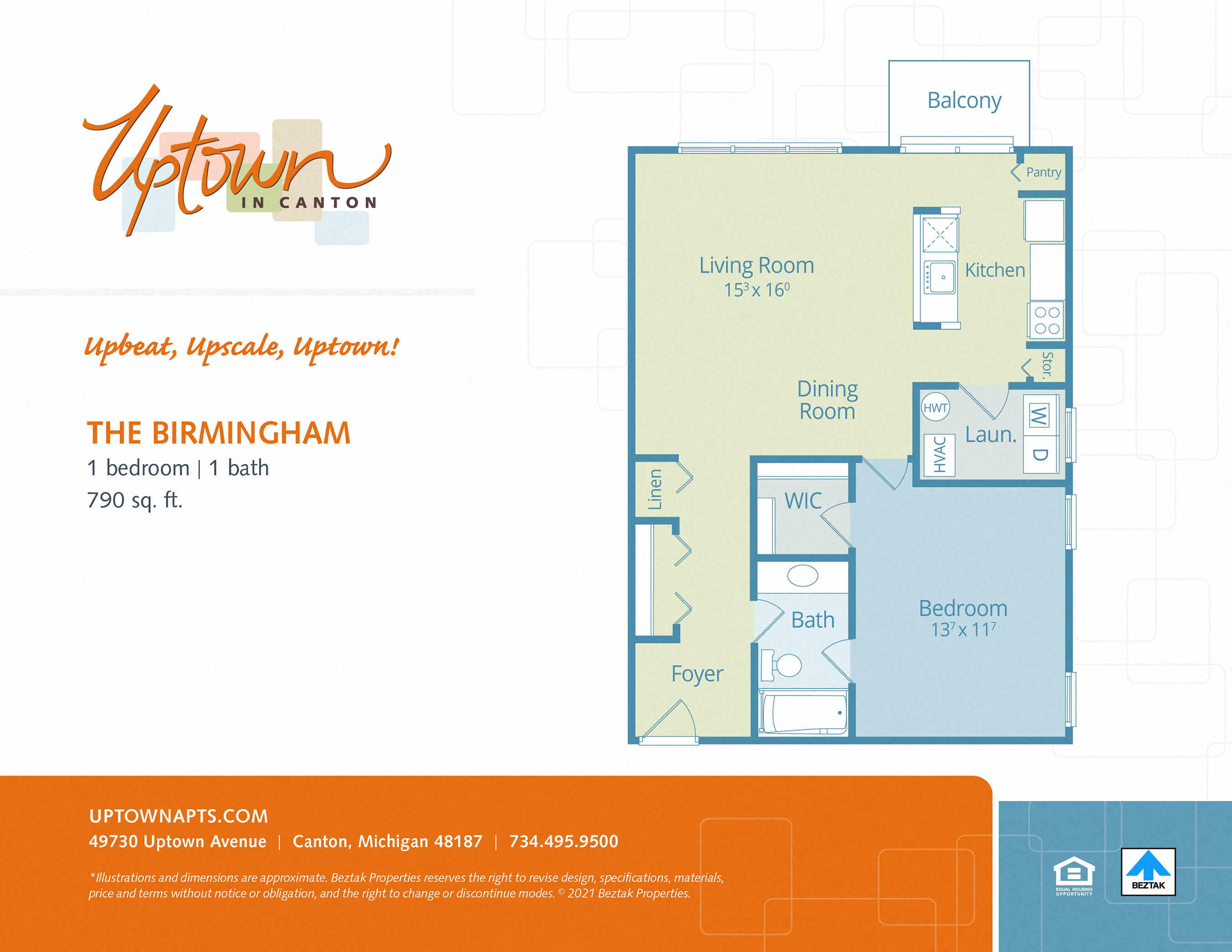 Floor plan for 1 bed, 1 bath, 838 sqft